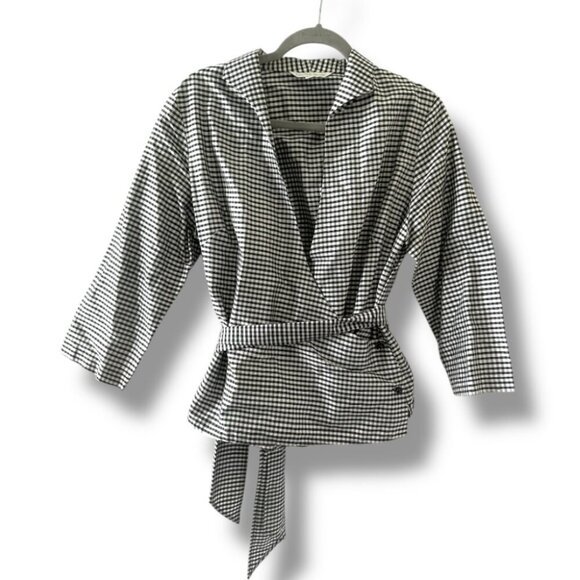 Vintage Connie Roberson Black White Gingham Silk V-Neck Wrap Top Women's Size XL - Picture 1 of 16
